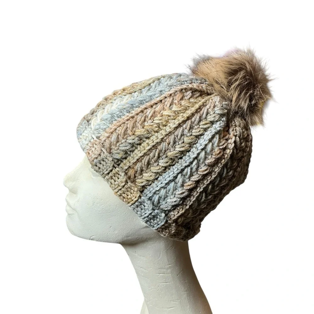 Handcrafted Crochet Multicolor Winter Hat Snowy Wheat Stitch Beanie with Pom Pom